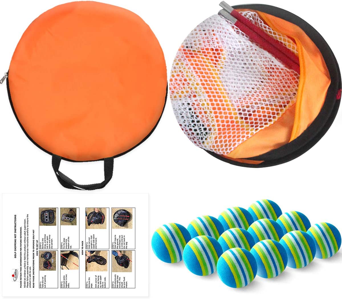 Golf Chipping Net Training Aids with Foam Training Balls(12 pack) | 25''X25''X20'' | Orange | Kapler Sports