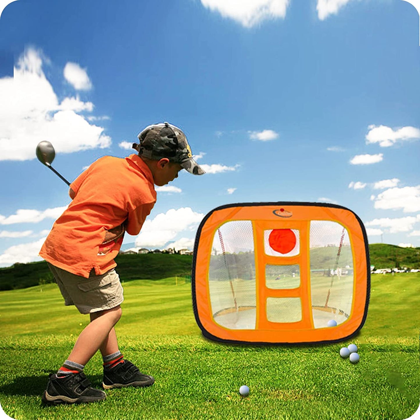 Golf Chipping Net Training Aids with Foam Training Balls(12 pack) | 25''X25''X20'' | Orange | Kapler Sports