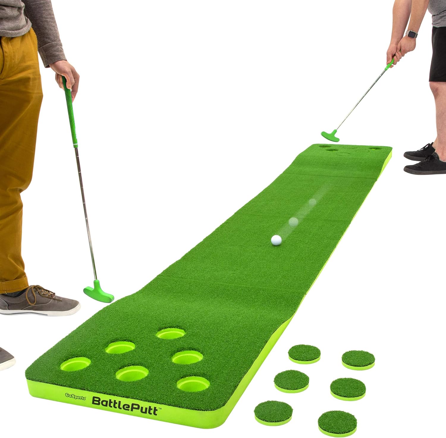 BattlePutt Golf - 2 vs 2 Pong-Style Putting Game with 11ft Indoor/Outdoor Green, 2 Putters & Balls C Fun Competitive Duel for All Ages