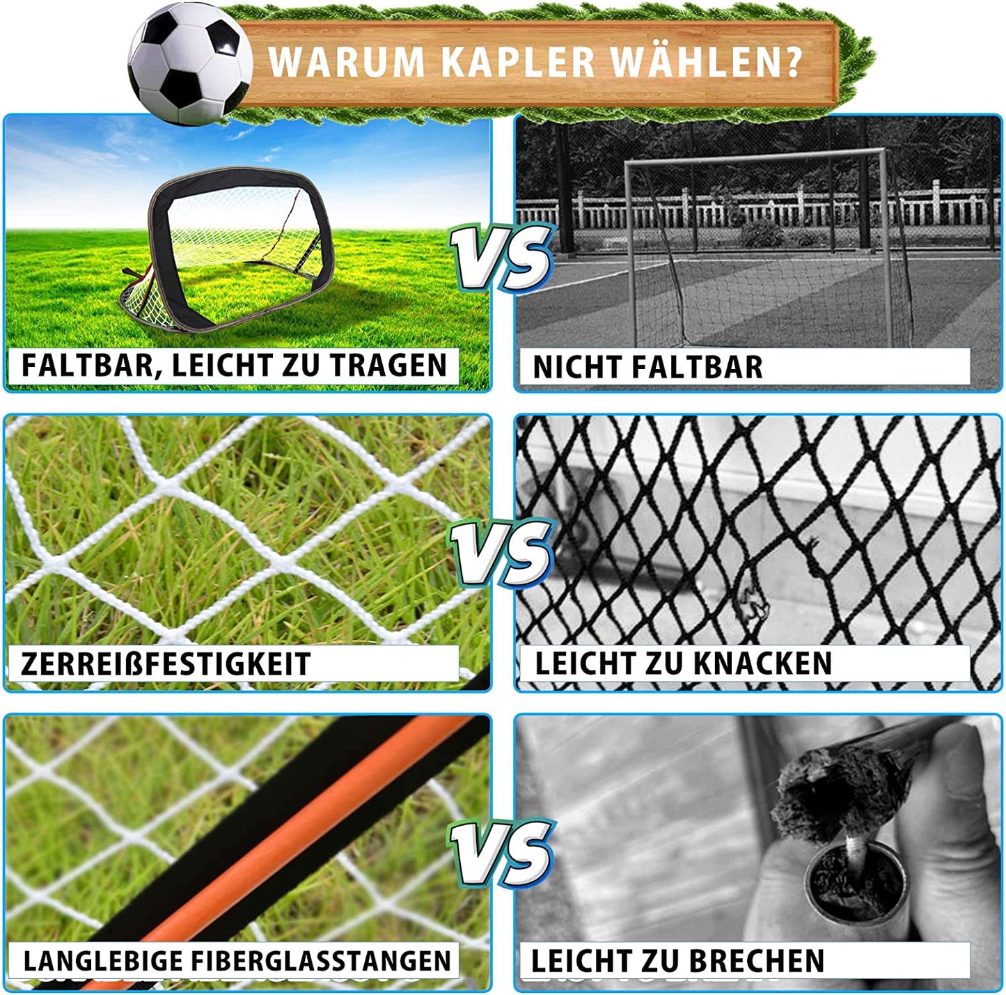 Pop-up soccer goals set of 2 or 1 pack for garden children-90-120-175-Robust flat steel frame and fiberglass rod - Easy assembly - Weatherproof 150 D polyester.