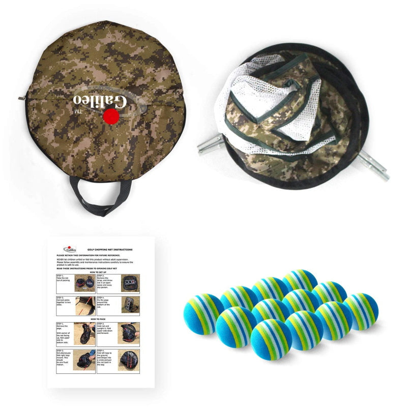 Golf Chipping Net Training Aids with Foam Training Balls(12 pack)| 25"X25"X20''| Camouflage | Kapler Sports