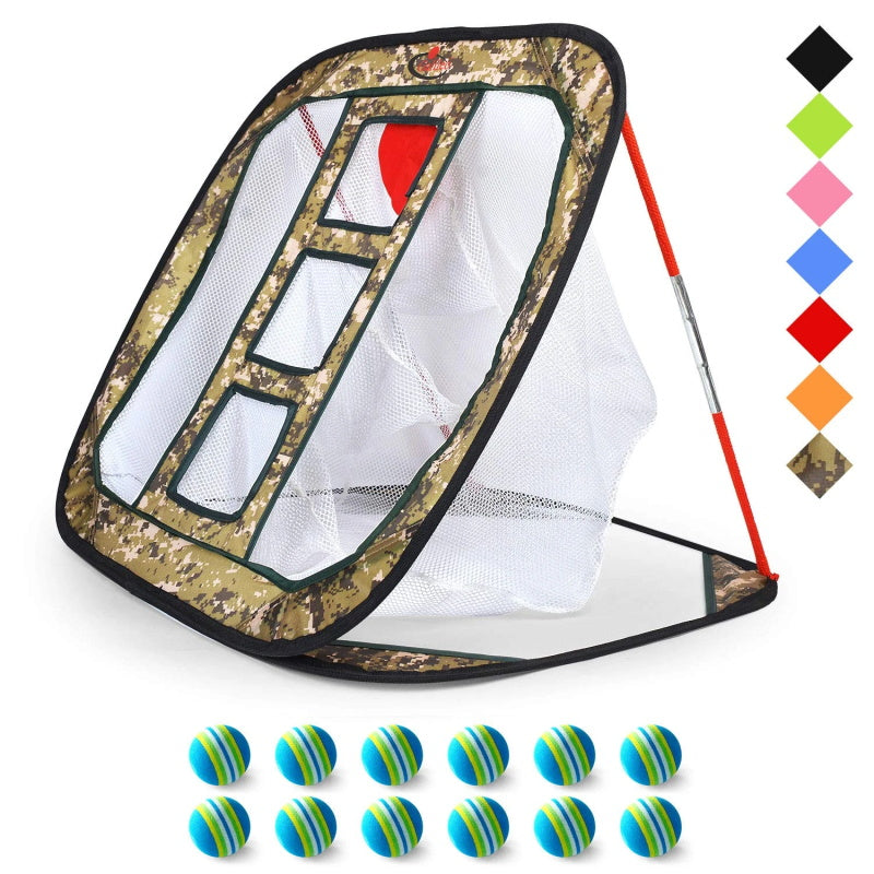 Golf Chipping Net Training Aids with Foam Training Balls(12 pack)| 25"X25"X20''| Camouflage | Kapler Sports
