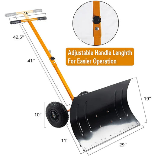 Rolling Snow Pusher, 29"x19"Snow Shovel with Wheels Driveway, Hand Push Pavement Snow Removal Tool - Kapler Sports