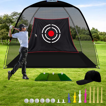 Kapler Golf Practice Net Complete Set: Real Golf Balls, Turf Mat, Tees, Target, Bag & Hat | Indoor/Outdoor Backyard | Perfect Gift for Men