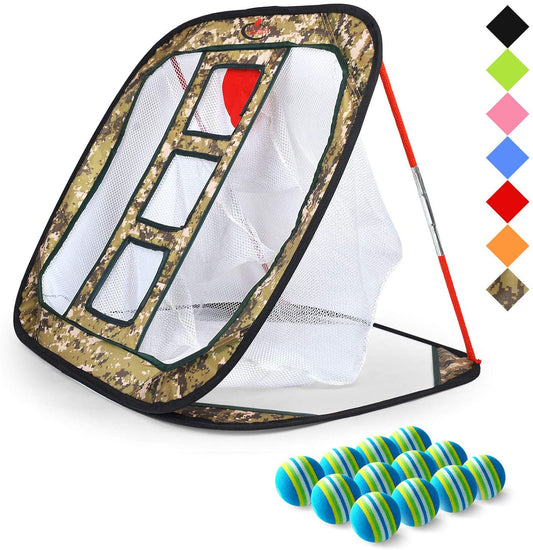 Golf Chipping Net Training Aids with Foam Training Balls(12 pack)| 25"X25"X20''| Camouflage | Kapler Sports