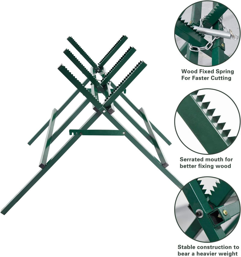 Log Saw Horse with Sawtooth Height-adjustable Saw Horse Stand Foldable Firewood Sawhorse Heavy Duty for Wood Saw Sawhorse Support 260lbs Weight Capacity(Green)