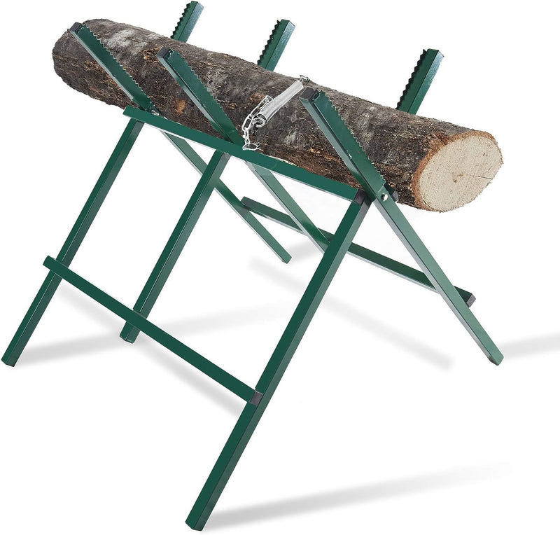 Log Sawhorse For ChainSaw, Foldable Steel Wood Saw Horse With Notched Sawtooth And Wood Log Fixed Spring, Supporting Weight 150 Lbs