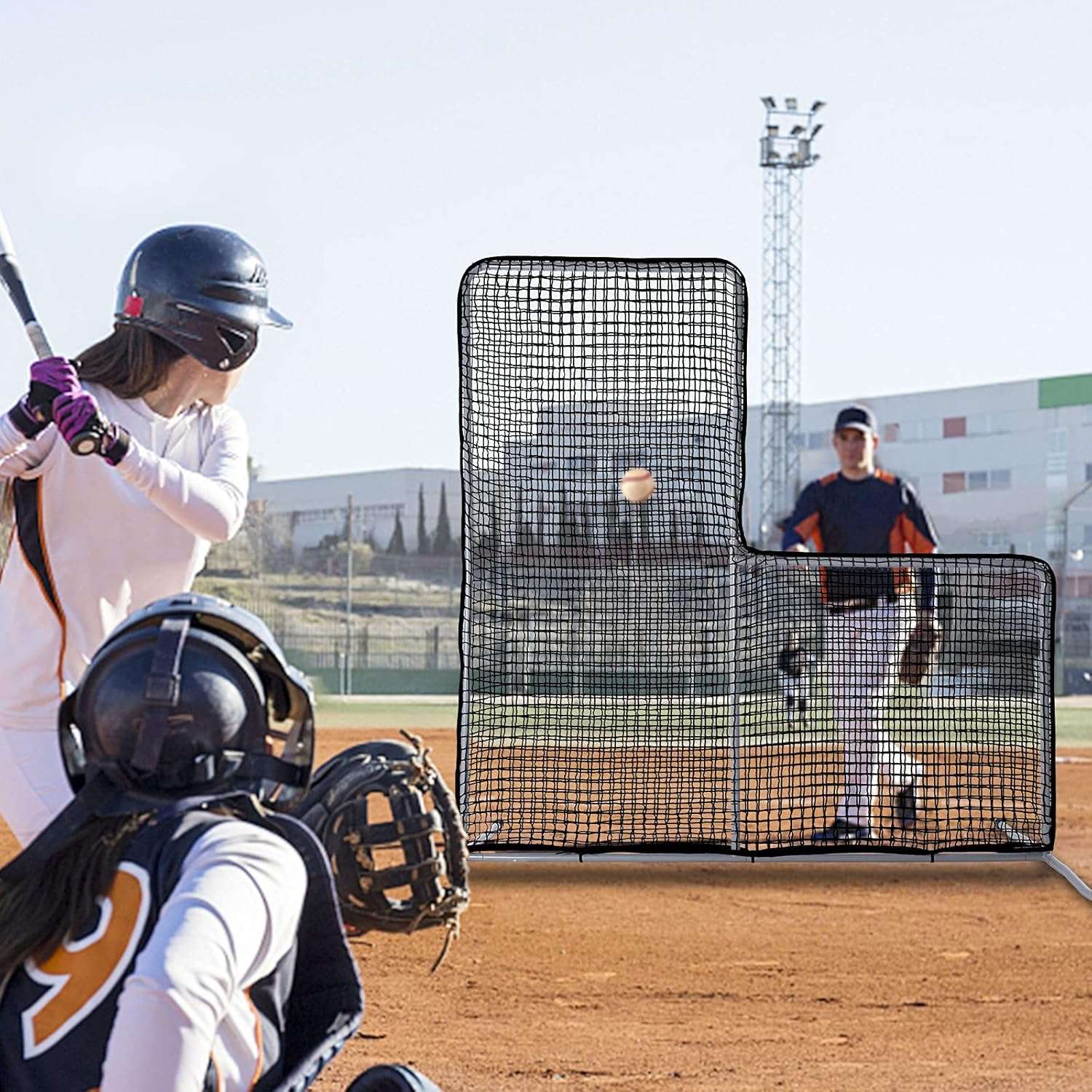 Kapler L Screen Baseball Pitching Protective Screen with Wheels 7x7Ft(Black)