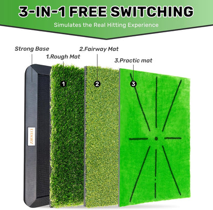 Golf Hitting Mat with Swing Path Feedback - 3 Replaceable Turf Mats & Heavy Duty Non-Slip Base | Indoor/Outdoor Practice Mat for Driving Chipping, Golf Training Aids for Men Women"