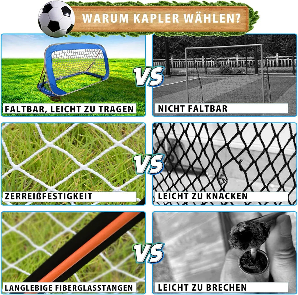 Pop-up soccer goals set of 2 or 1 pack for garden children-90-120-175-Robust flat steel frame and fiberglass rod - Easy assembly - Weatherproof 150 D polyester. - Kapler Sports
