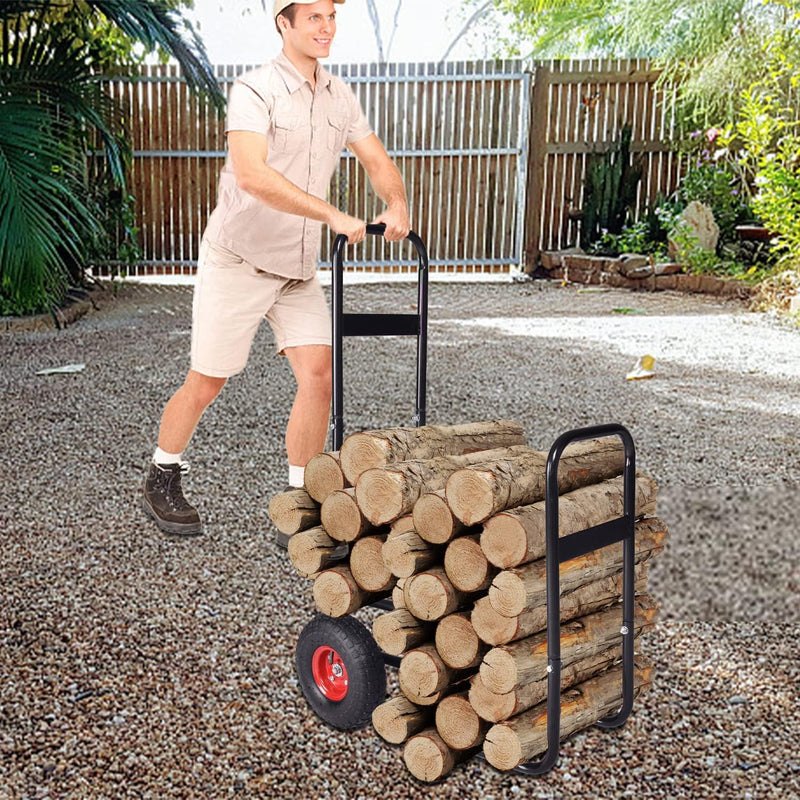 Firewood Log Cart Carrier, Firewood Cart with Wheels, Wood Rack Storage Mover for Indoor Outdoor, 220bls Weight Capacity Firewood Hauler, Heavy Duty Steel Rolling Dolly Hauler