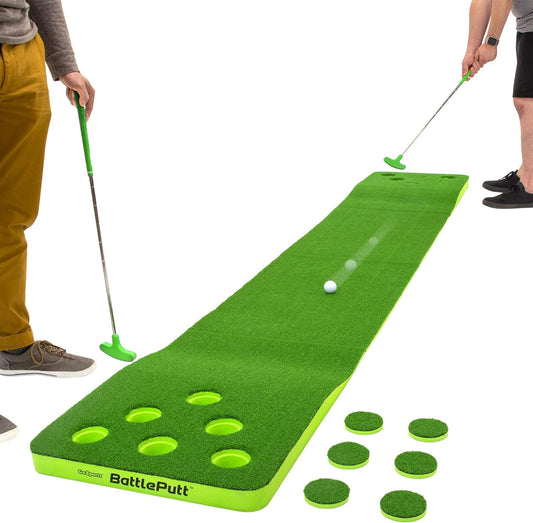BattlePutt Golf - 2 vs 2 Pong-Style Putting Game with 11ft Indoor/Outdoor Green, 2 Putters & Balls C Fun Competitive Duel for All Ages