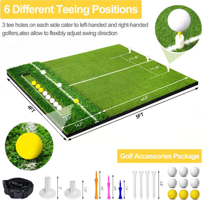 5x4FT Professional Golf Hitting Mat - 2-in-1 Dual-Turf Design (Fairway & Rough) w/Integrated Ball Tray | Indoor/Outdoor Practice Mat for Golf Simulators, Chipping & Swing Training