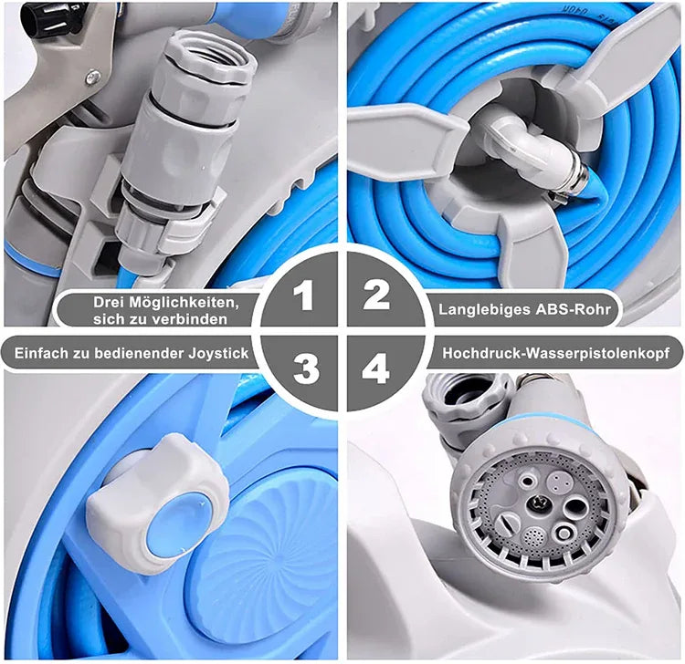 Small Garden Hose Reel, Retractable 50Ft Water Hose Reel With 7 Water Sprayer Modes, Wall Mount Kink Free and Convenient Storage (Mini, Blue) - Kapler Sports