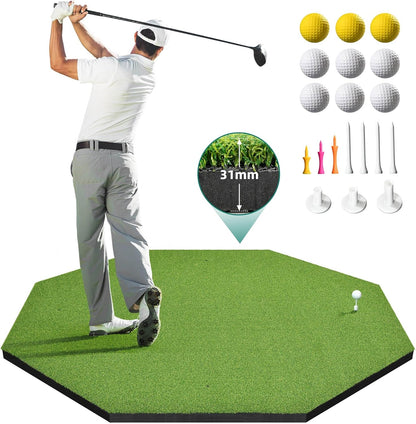 5x4FT Professional Golf Hitting Mat - 31mm Thickened Artificial Turf for Indoor/Outdoor Practice | Includes 9 PU Balls, 3 Rubber Tees & 7 Adjustable Tees | Driving & Swing Training Mat