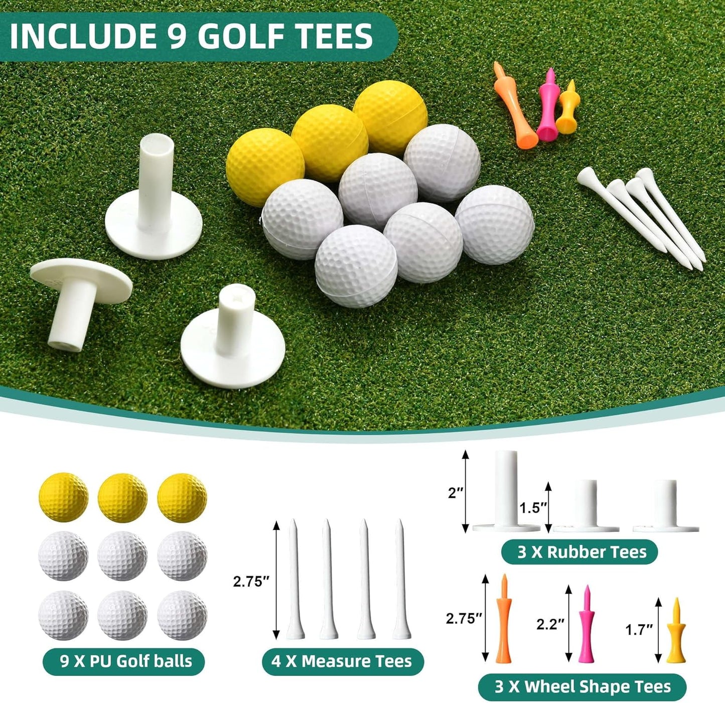 5x4FT Professional Golf Hitting Mat - 31mm Thickened Artificial Turf for Indoor/Outdoor Practice | Includes 9 PU Balls, 3 Rubber Tees & 7 Adjustable Tees | Driving & Swing Training Mat