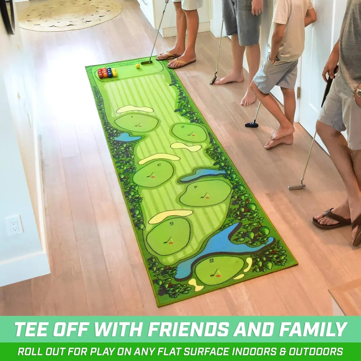 Pure Putt Challenge Putting Games - Huge 10ft Putting Green Rug with 16 Golf Balls & Scorecard, 2-4 Player Indoor or Outdoor Games for All Skill Levels - Kapler Sports