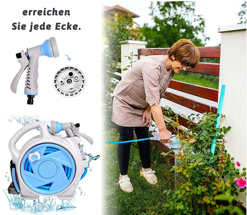 Small Garden Hose Reel, Retractable 50Ft Water Hose Reel With 7 Water Sprayer Modes, Wall Mount Kink Free and Convenient Storage (Mini, Blue) - Kapler Sports